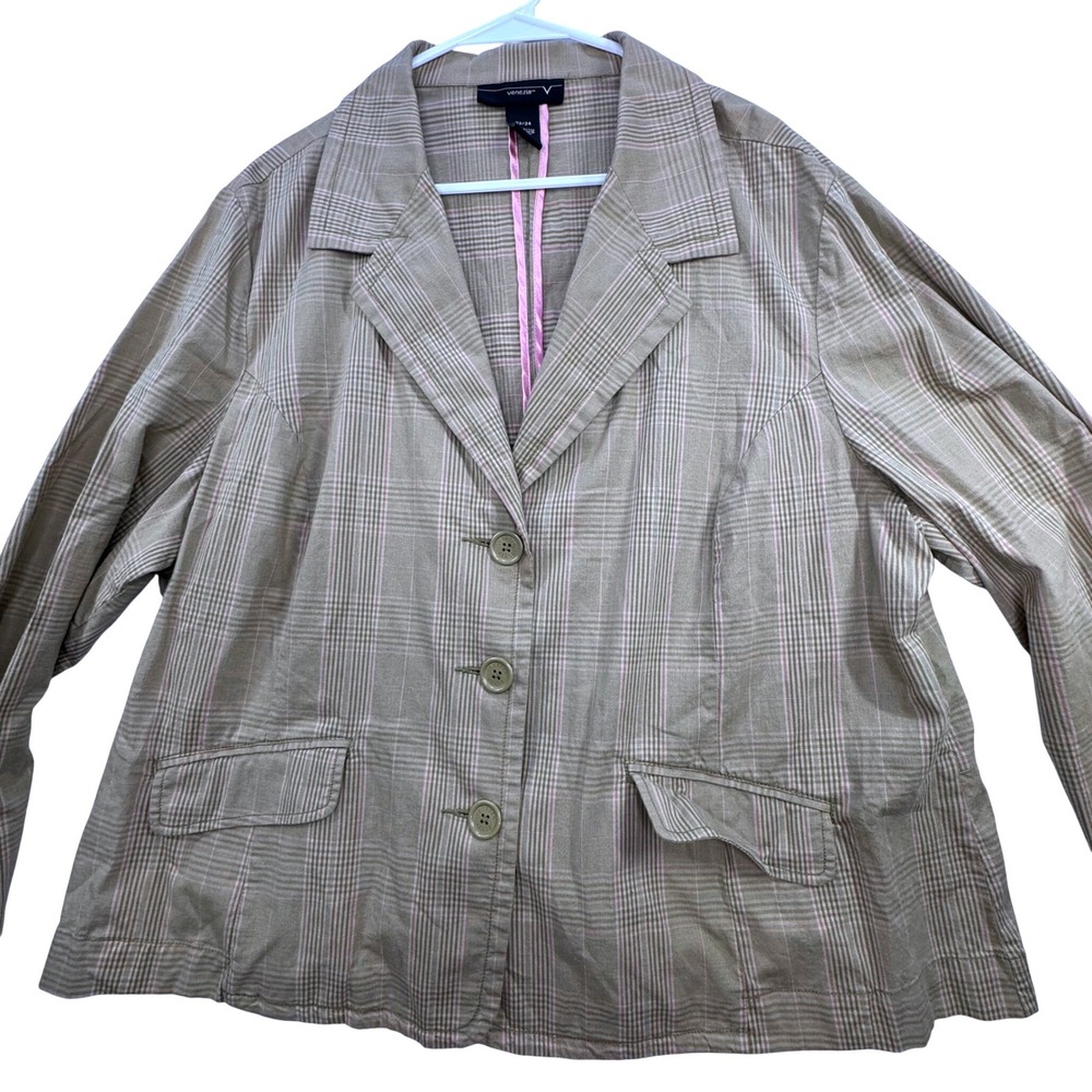 Venezia Jeans Blazer Women 22/24 Tan Pink Plaid Peplum Professional Classic